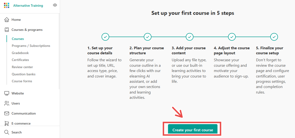 Setup screen showing five steps to create and launch a new online course