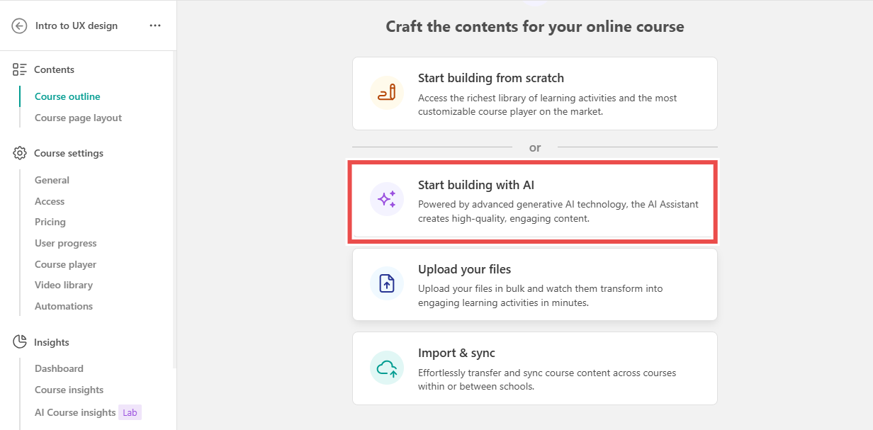 Course builder interface showing multiple content creation options