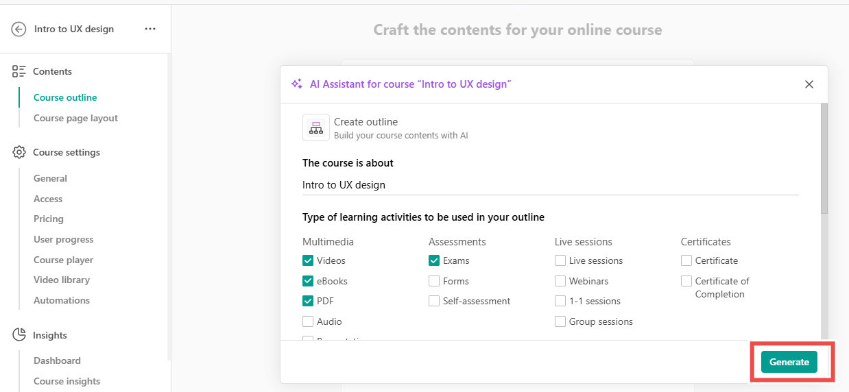 AI course assistant setup screen