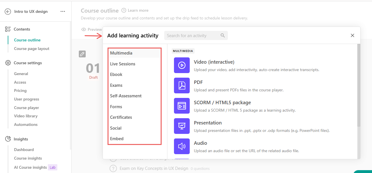 LearnWorlds: course builder screenshot