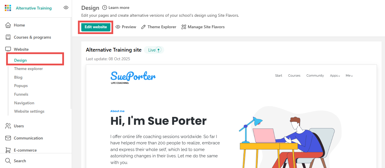 Website design dashboard showing option to edit site