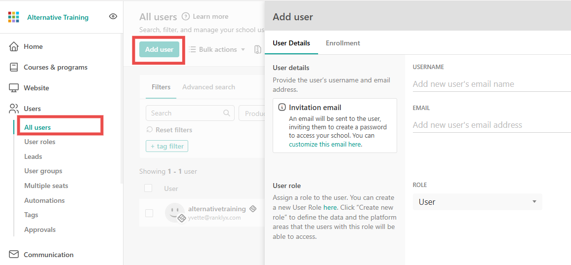 User management interface showing the option to add new users