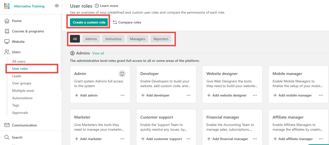 User roles management panel showing options to create custom roles