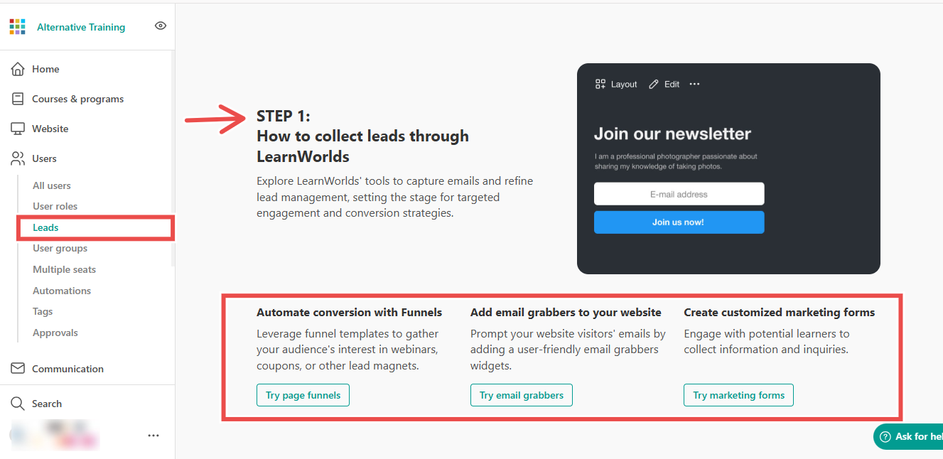 Lead collection dashboard showing how to capture and automate conversions using funnels