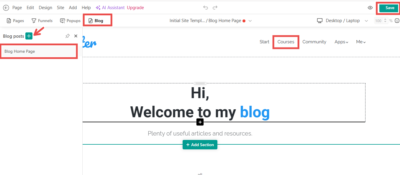 Blog creation interface showing new post option