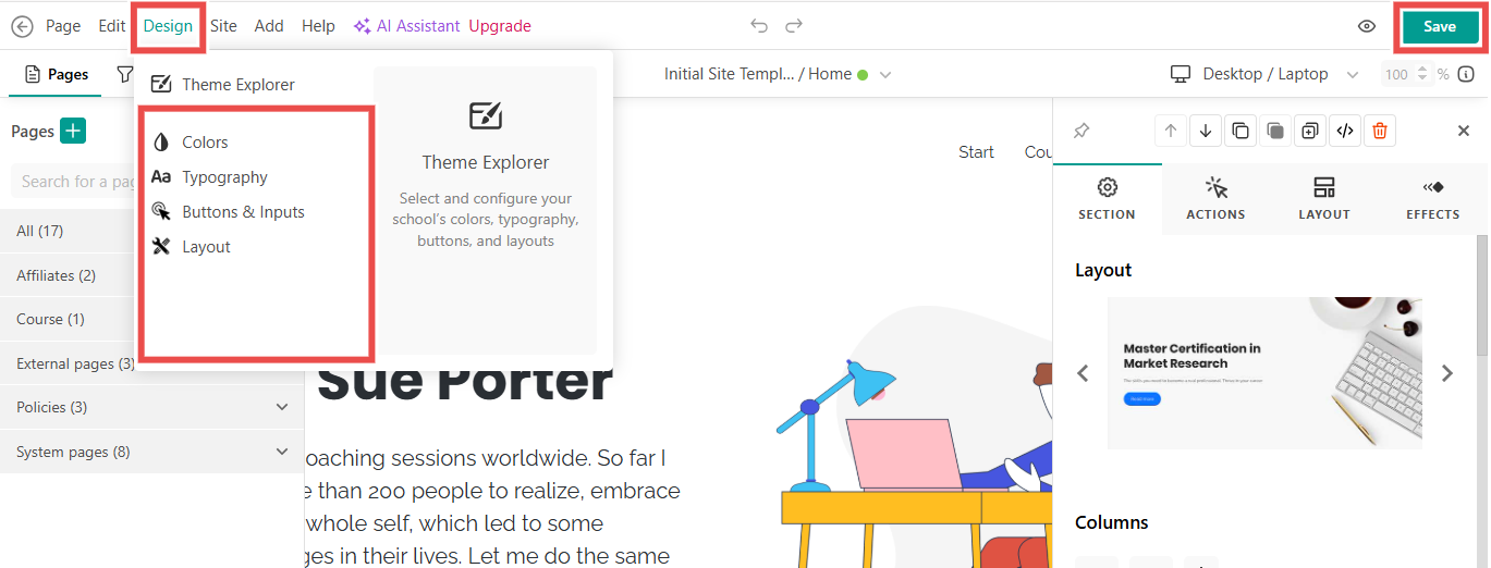 Website editor interface showing design customization