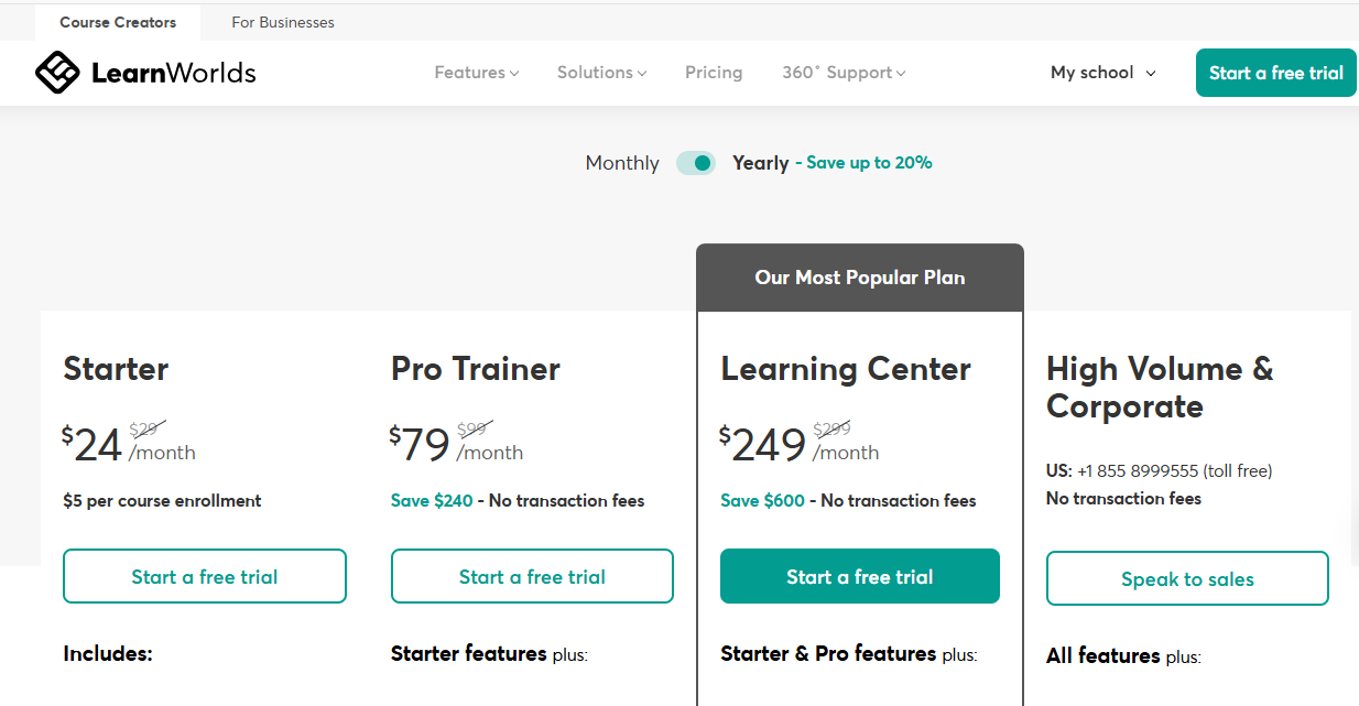Learnworlds pricng plans