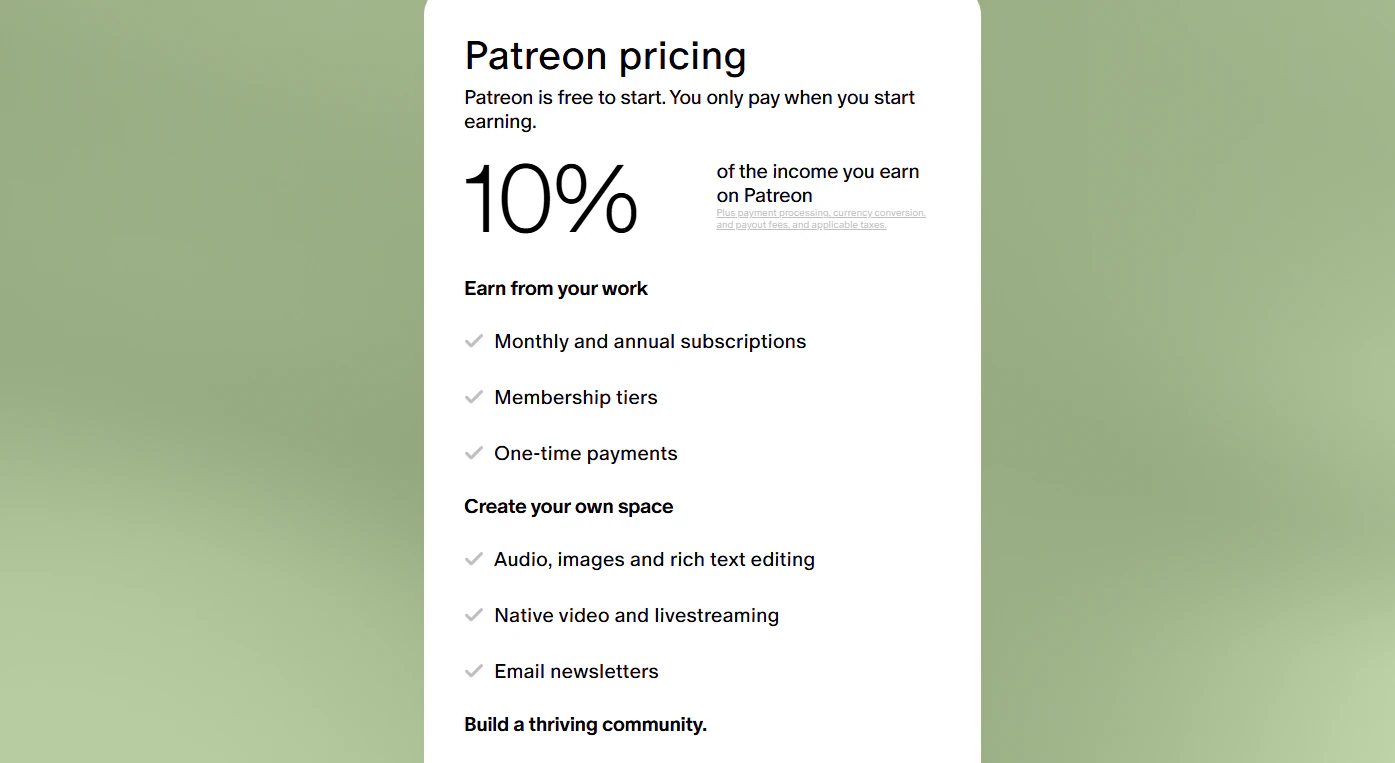 Patreon pricing with a fee on creator
