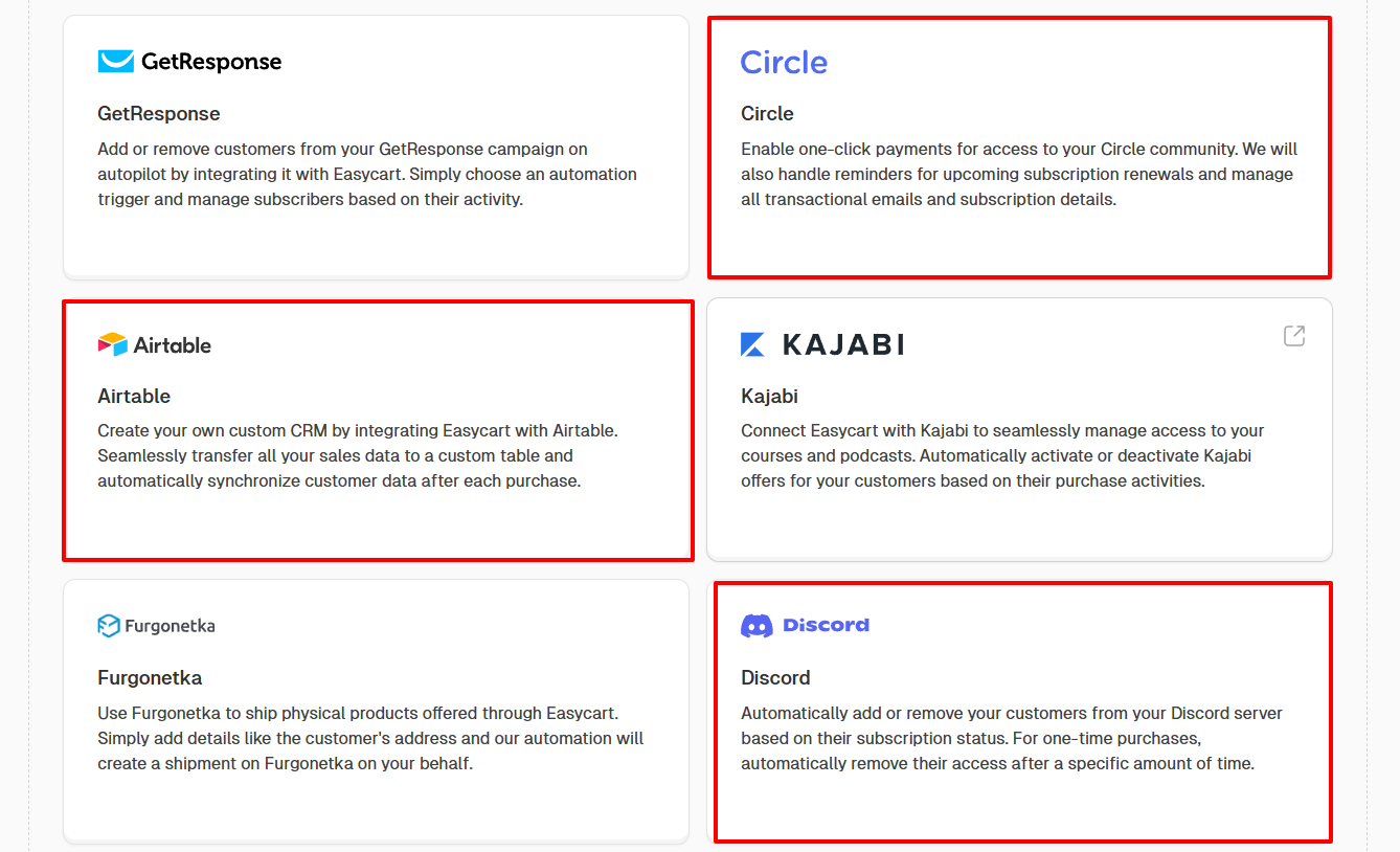 Integrations dashboard displaying Aitable circle and discord options
