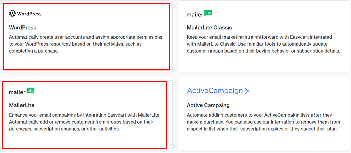 Integrations dashboard showing wordpress Mailerlite