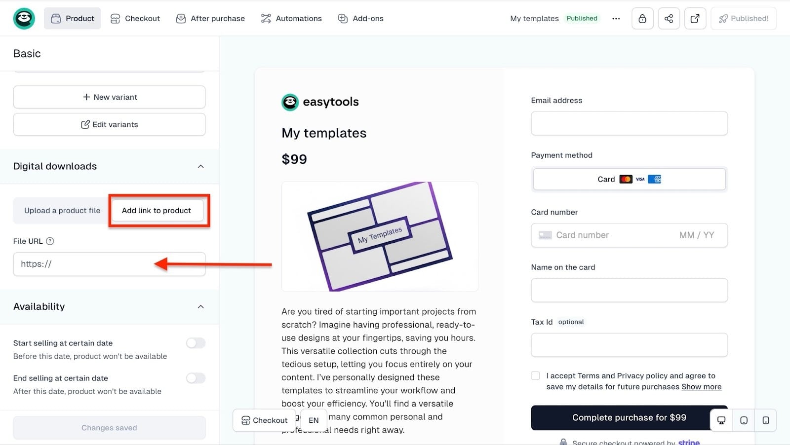 Tableau de bord Easytools montrant la configuration d'un produit digital avec le champ d'URL du fichier
