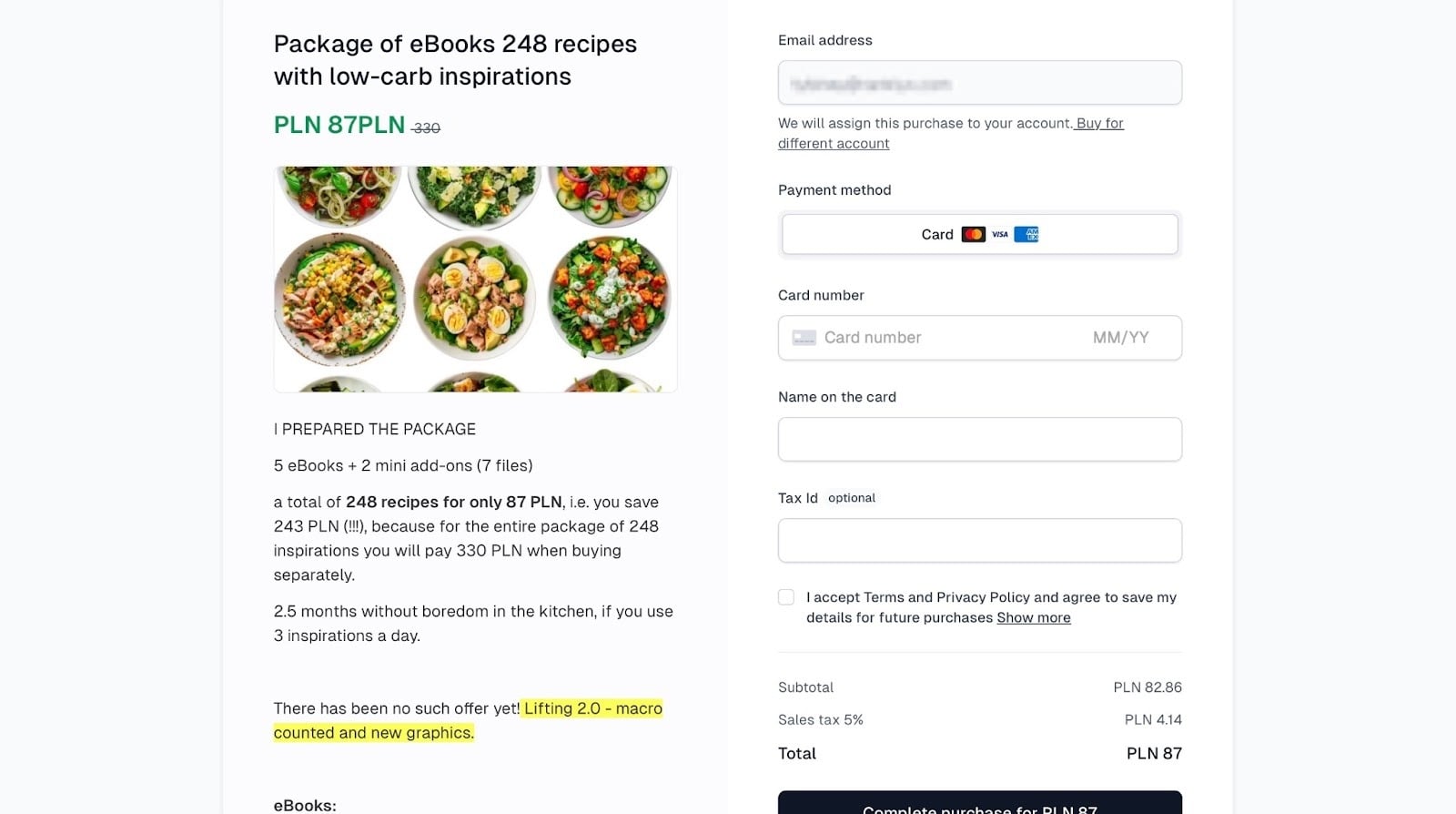 Page de paiement de l'ebook de recettes d'une cliente