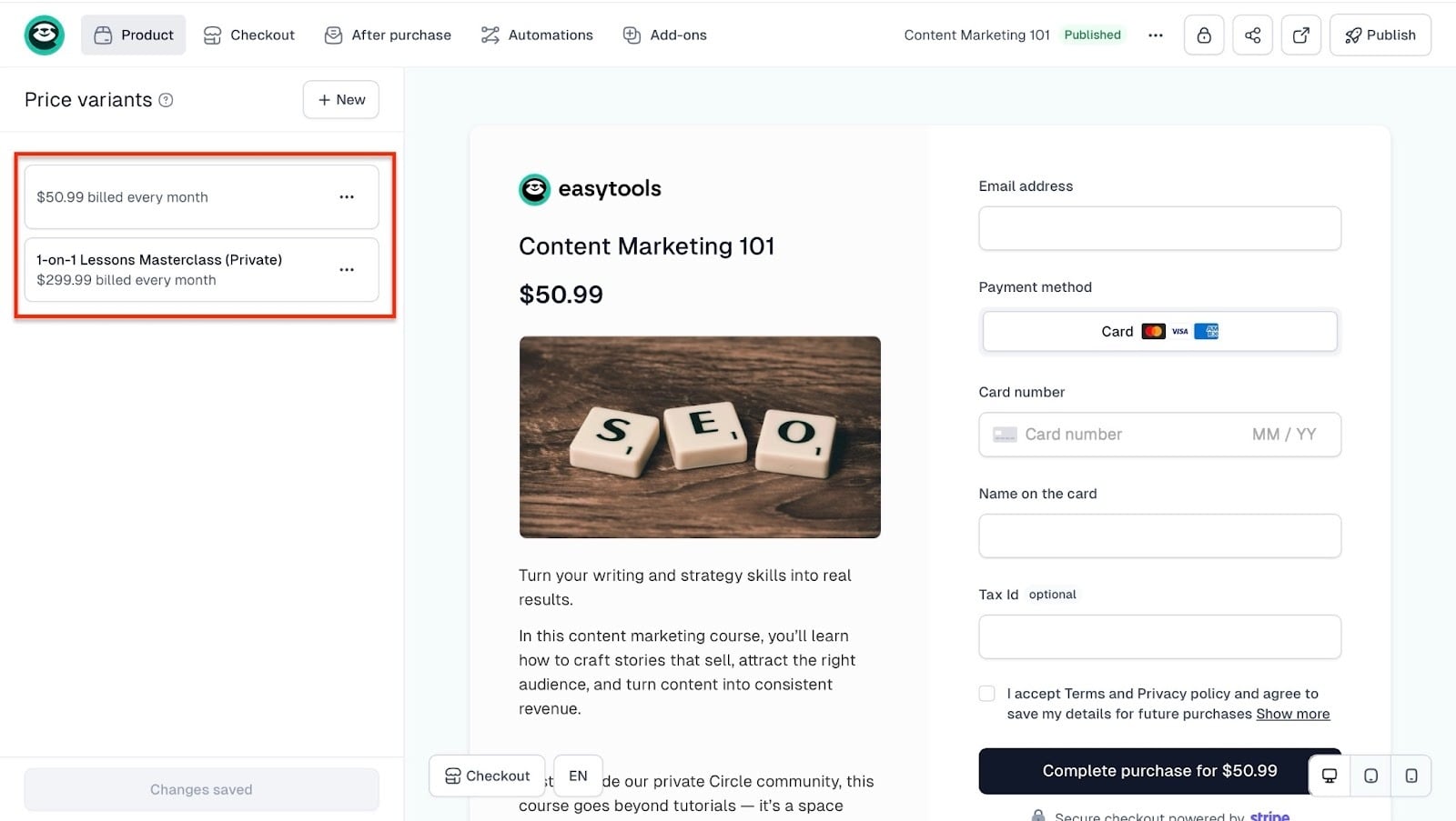 Formules d'abonnement et de masterclass sur la page de paiement