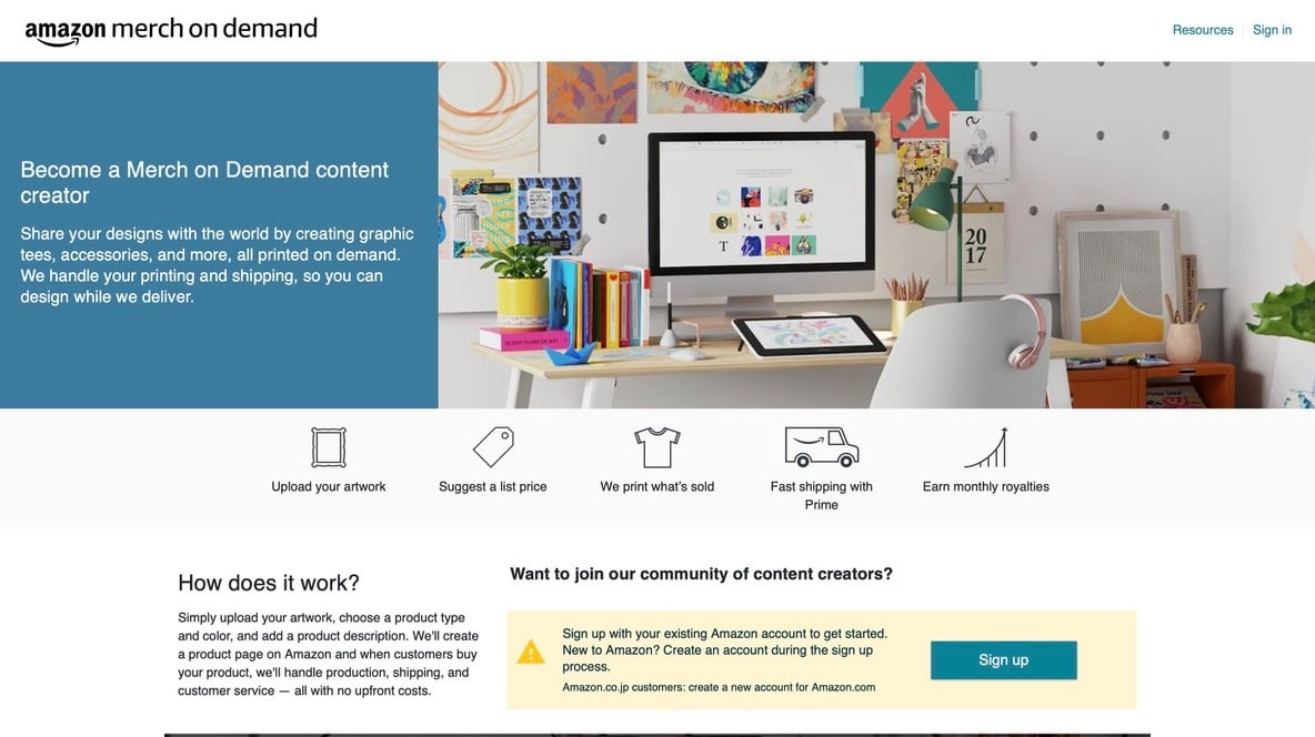 Page d'accueil d'Amazon Merch on Demand expliquant comment les créateurs peuvent importer leurs designs