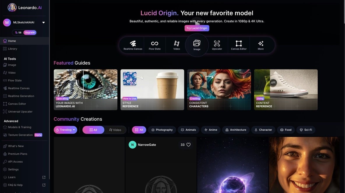 Interface d'une plateforme de génération d'images par IA avec tutoriels, outils créatifs et créations tendance de la communauté