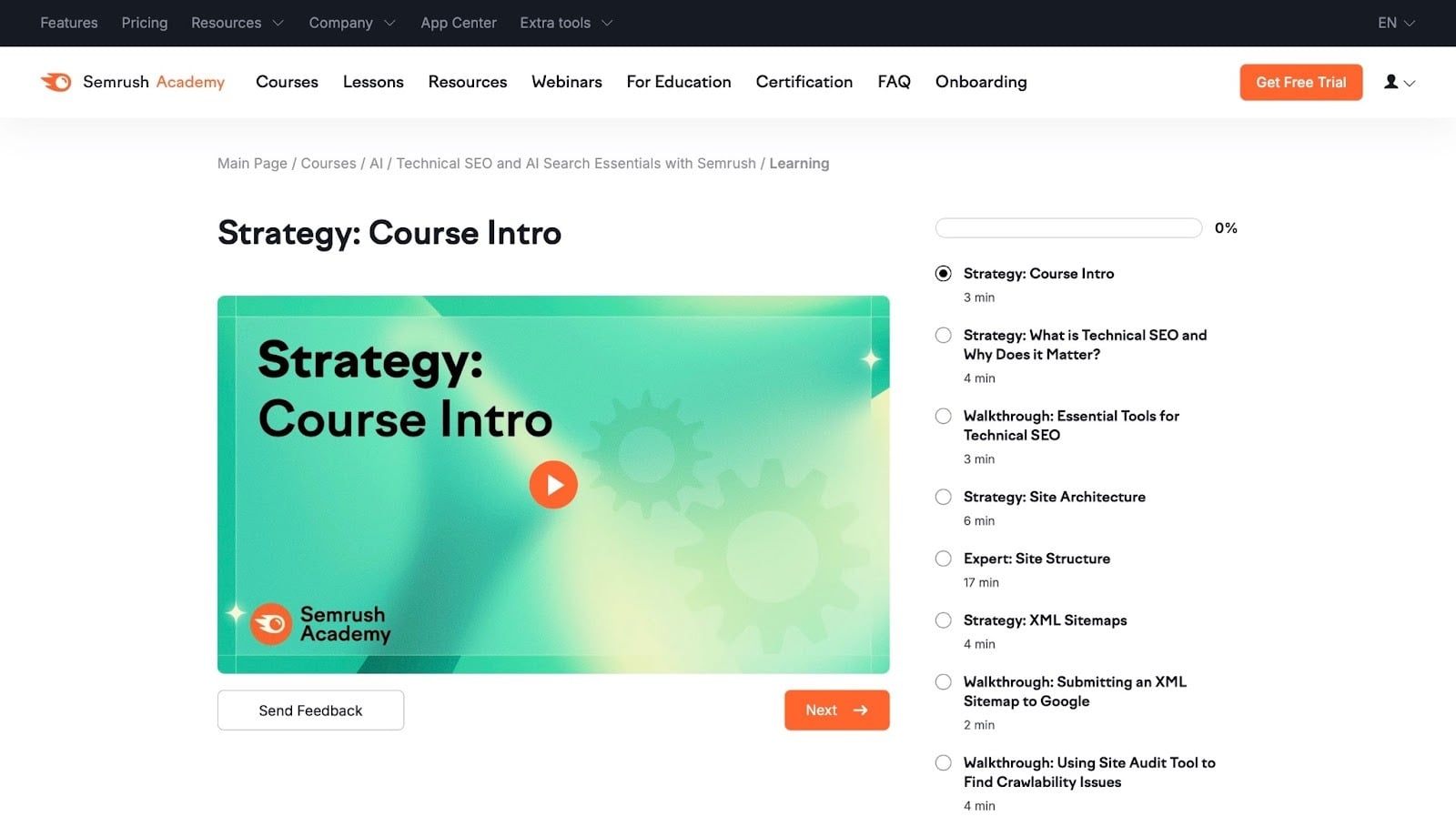Page d'introduction d'une formation stratégie de Semrush Academy