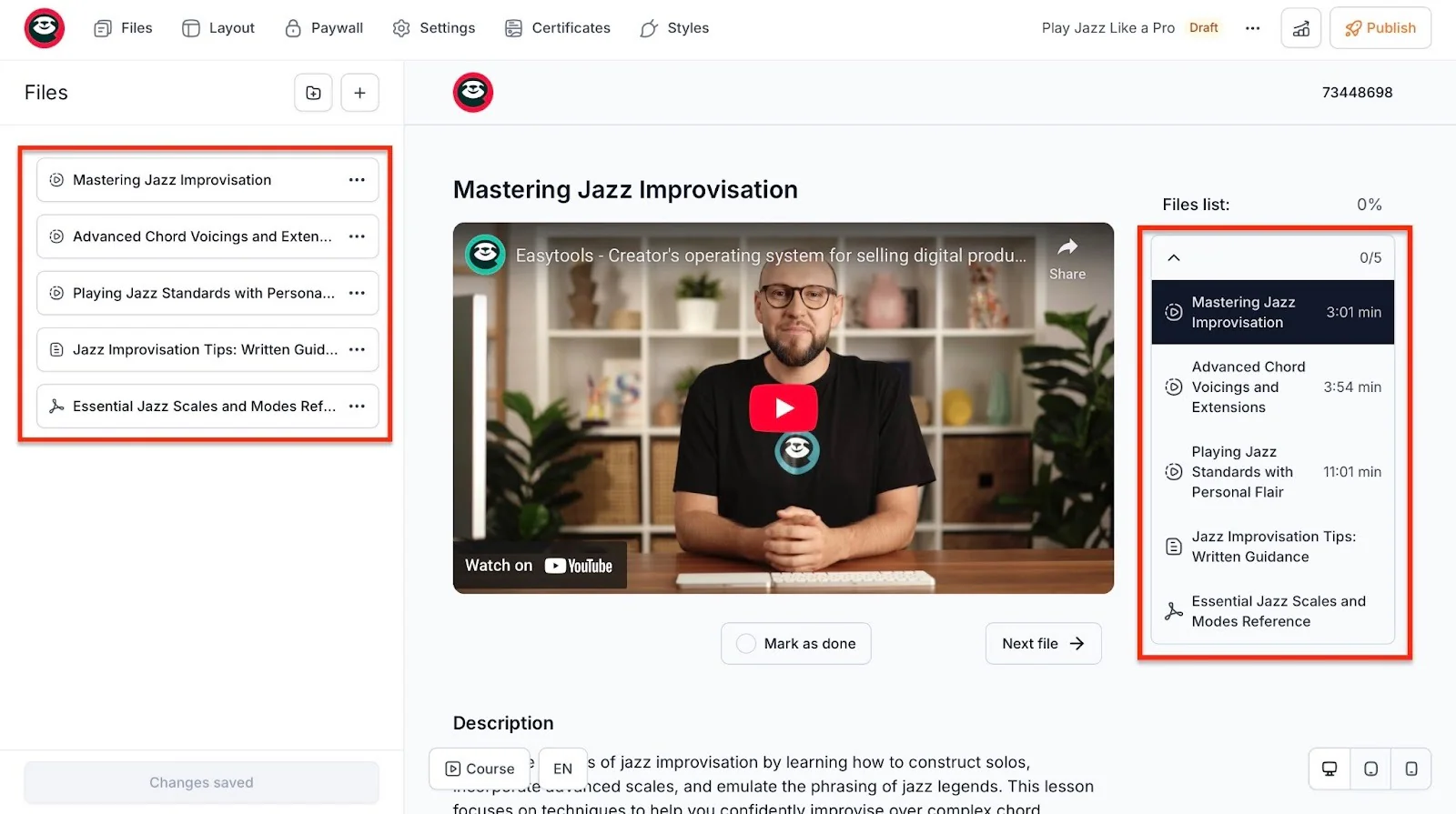 Assistant de formation affichant des leçons vidéo d'improvisation jazz