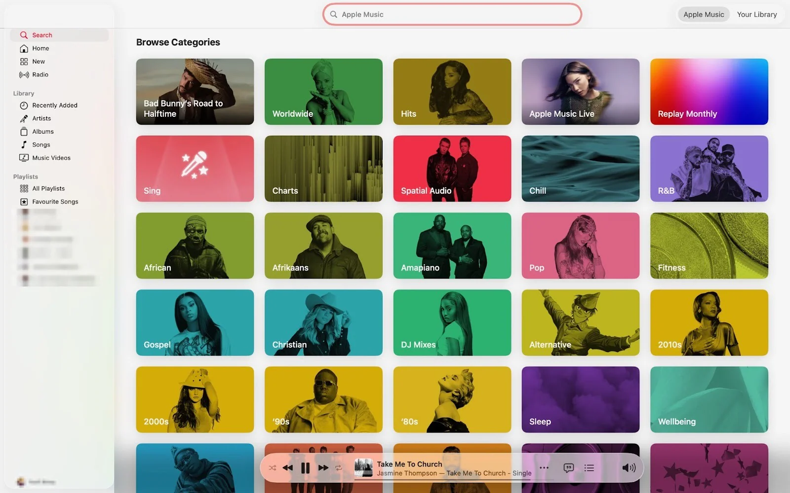 Interface d'Apple Music affichant les catégories