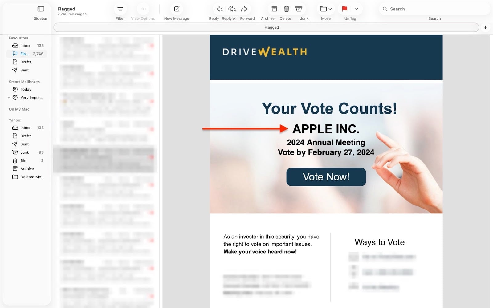 Rappel par email de DriveWealth pour voter pour Apple Inc