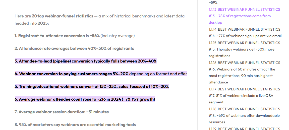 Statistiques sur les taux de conversion et de participation aux webinaires