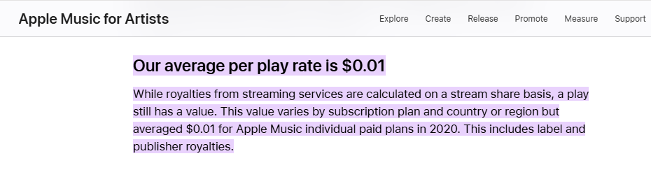 Page Apple Music affichant le taux de royalties moyen par écoute