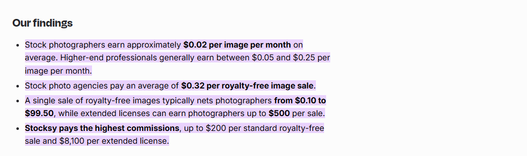 Synthèse des revenus moyens et premium des photographes de stock