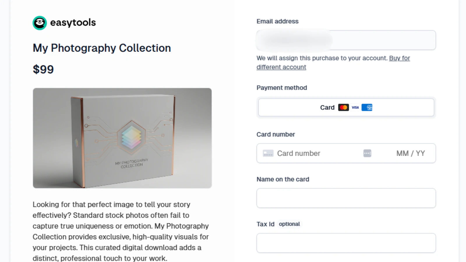 Page de paiement affichant le formulaire d'achat d'une collection photo