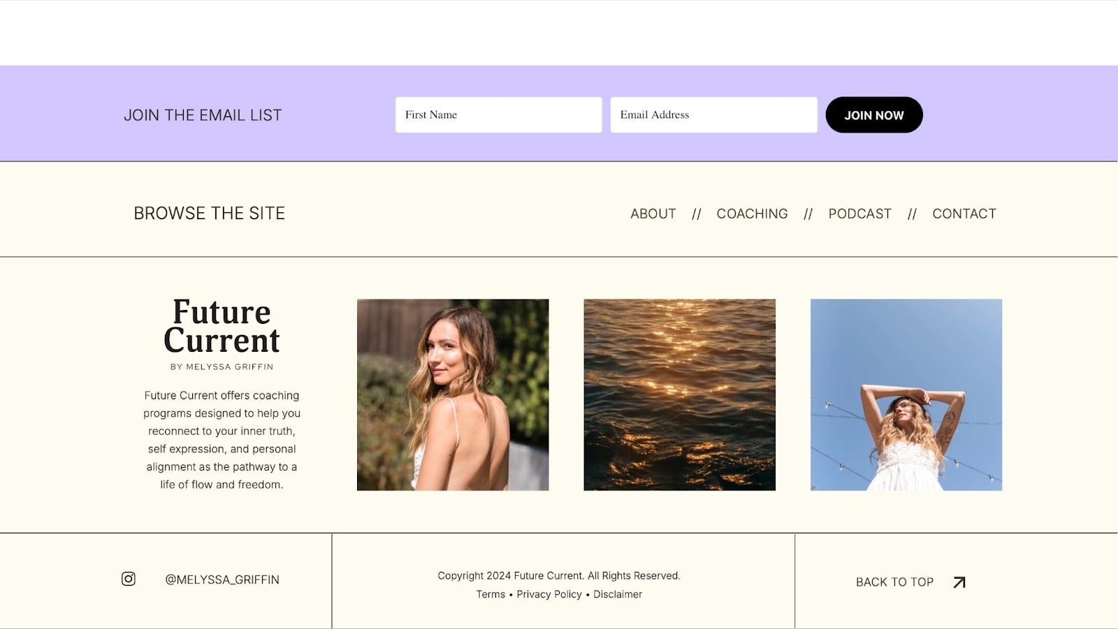 Pied de page de site avec inscription à la newsletter et programme de coaching