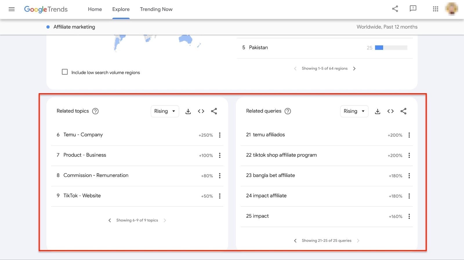 Aperçus Google Trends affichant les sujets et requêtes associés tendance dans le monde