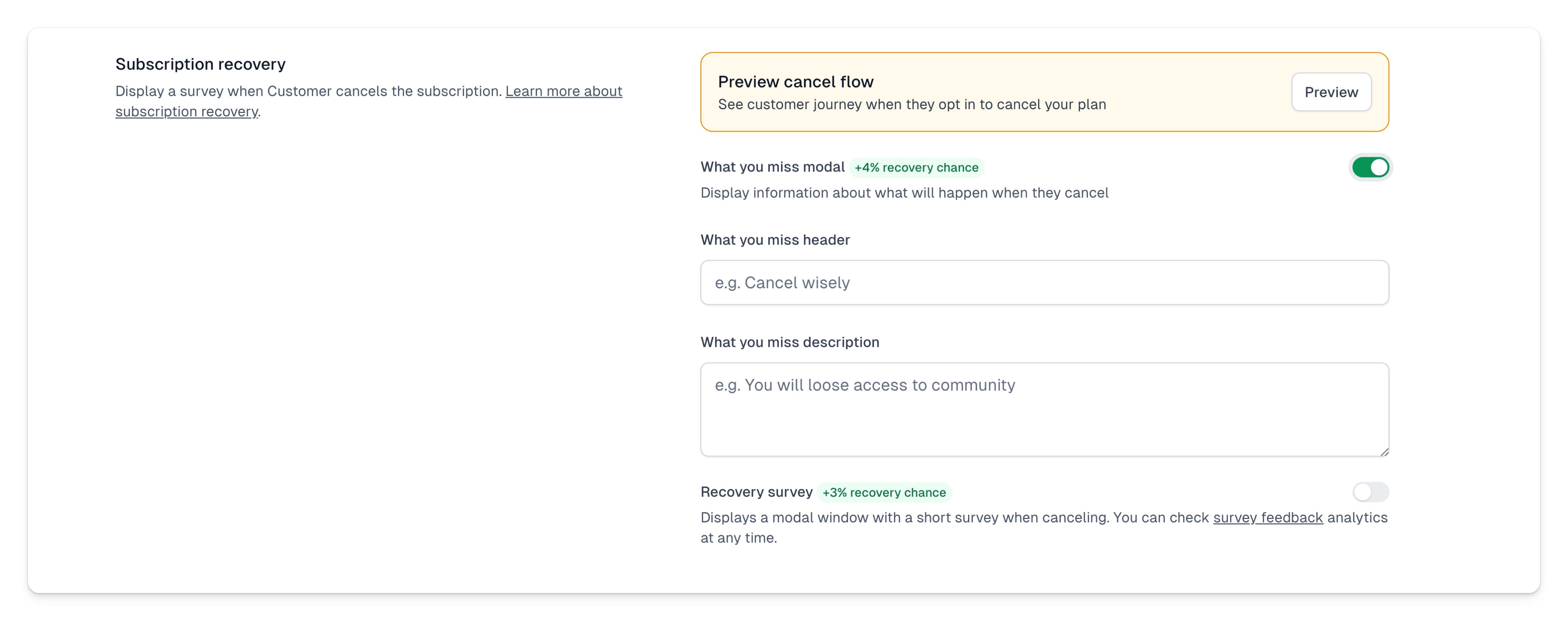 Subscription recovery modal settings