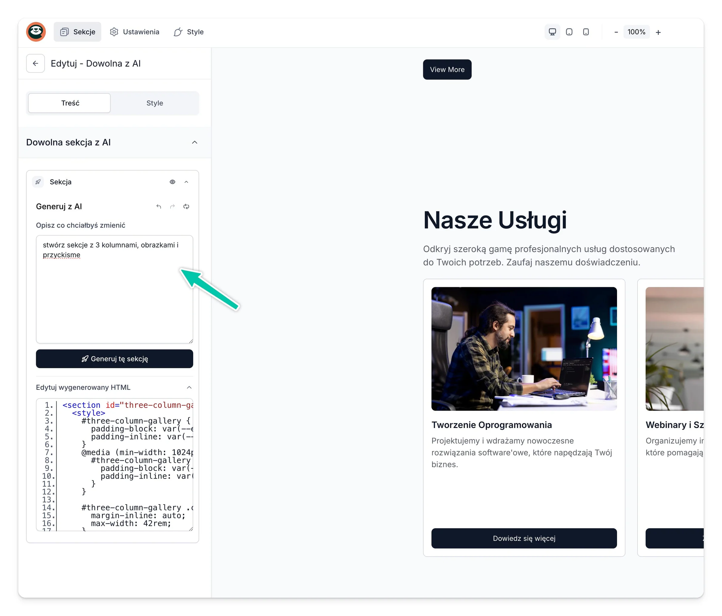 Dostajesz również edytowalny kod HTML - możesz regenerować sekcję dowolną ilość razy, albo edytować ją bezpośrednio.
