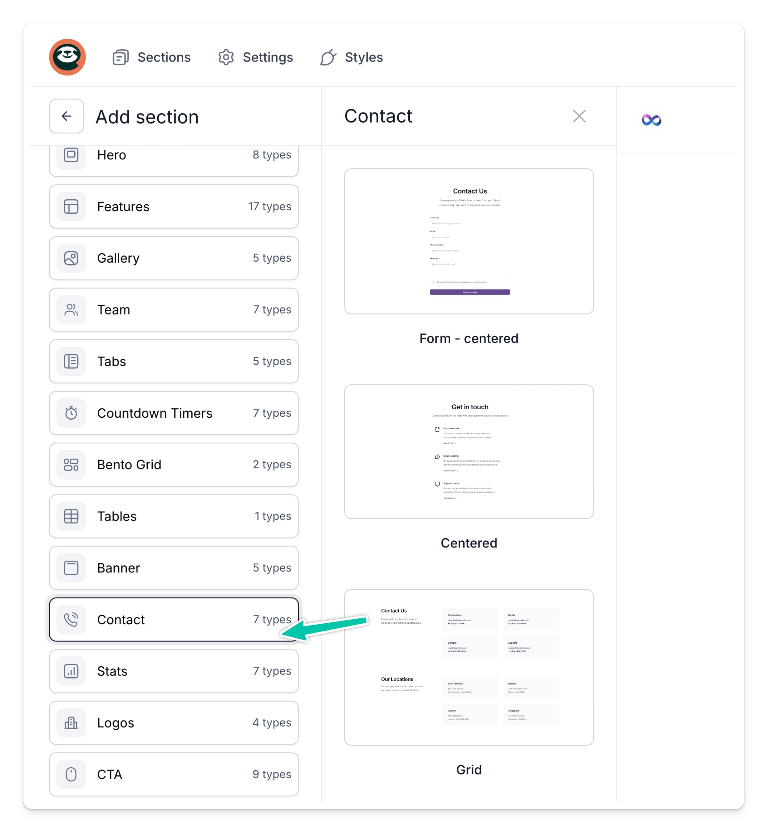 Easypage contact sections