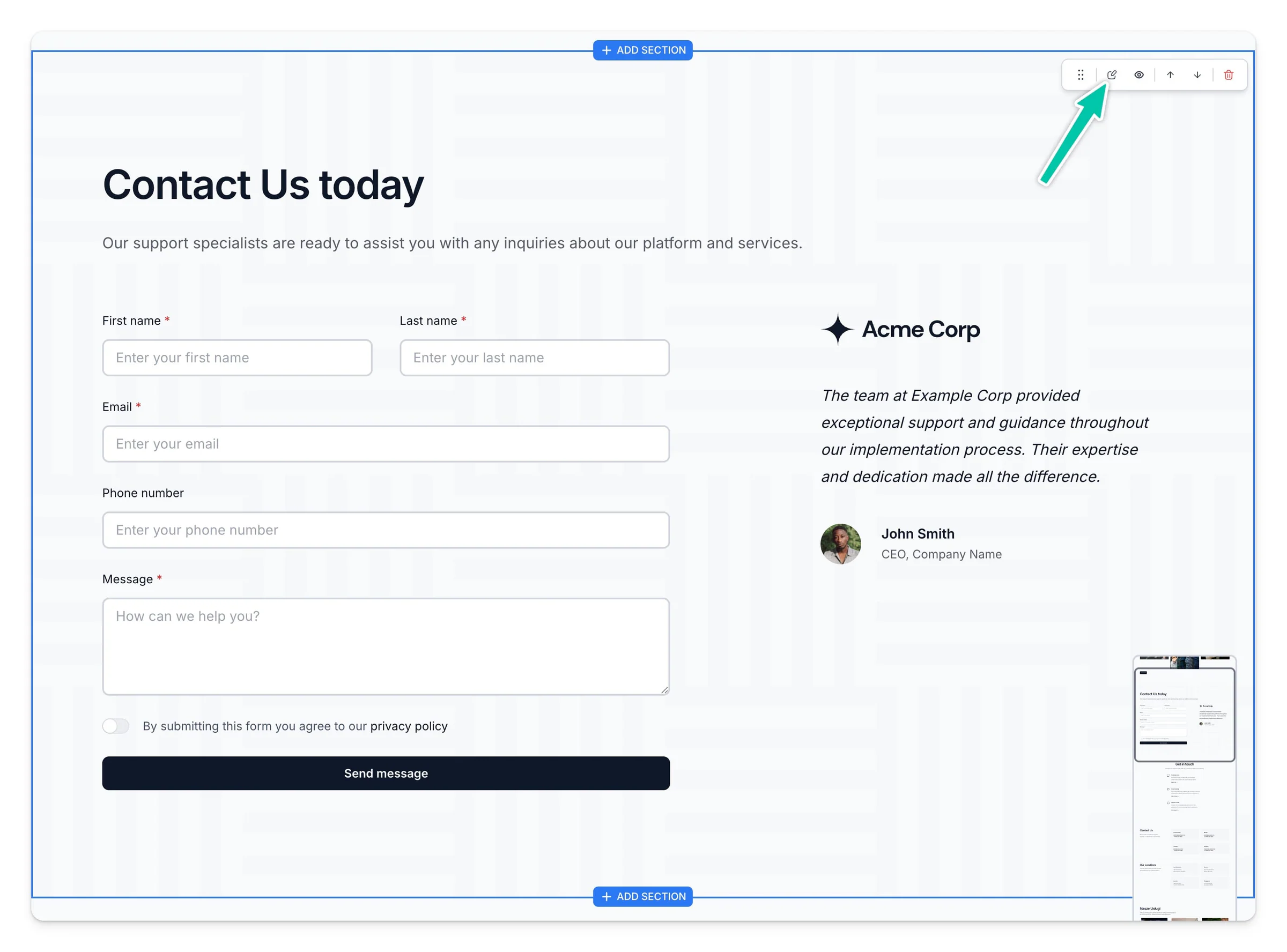 Easypage editing a contact section