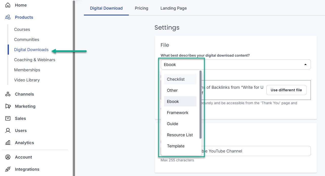 Ebooks, programmes de coaching, templates, packs: capture du créateur de site