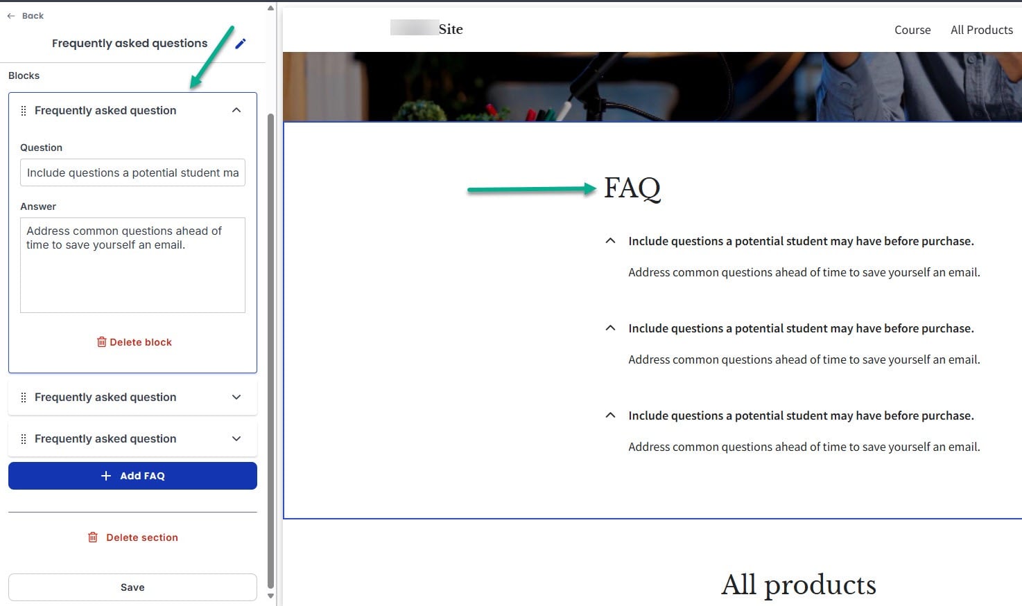 personnaliser une page du site dans thinkific