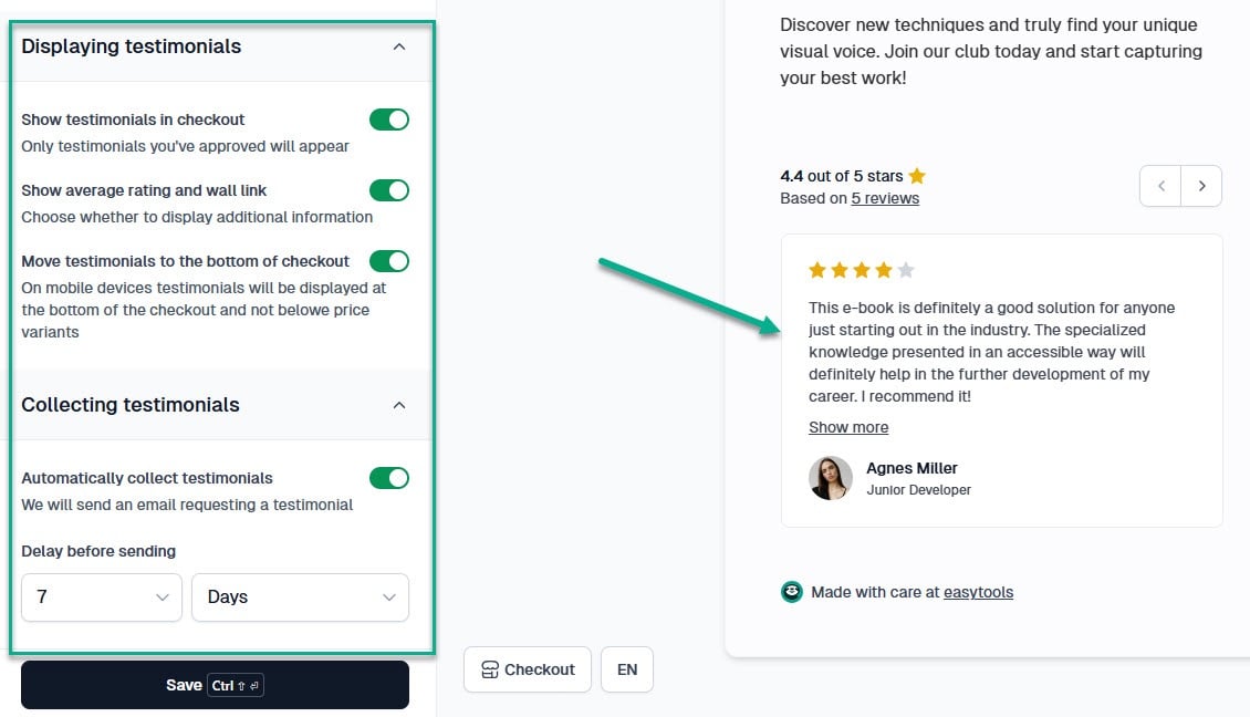 afficher des témoignages clients dans easytools