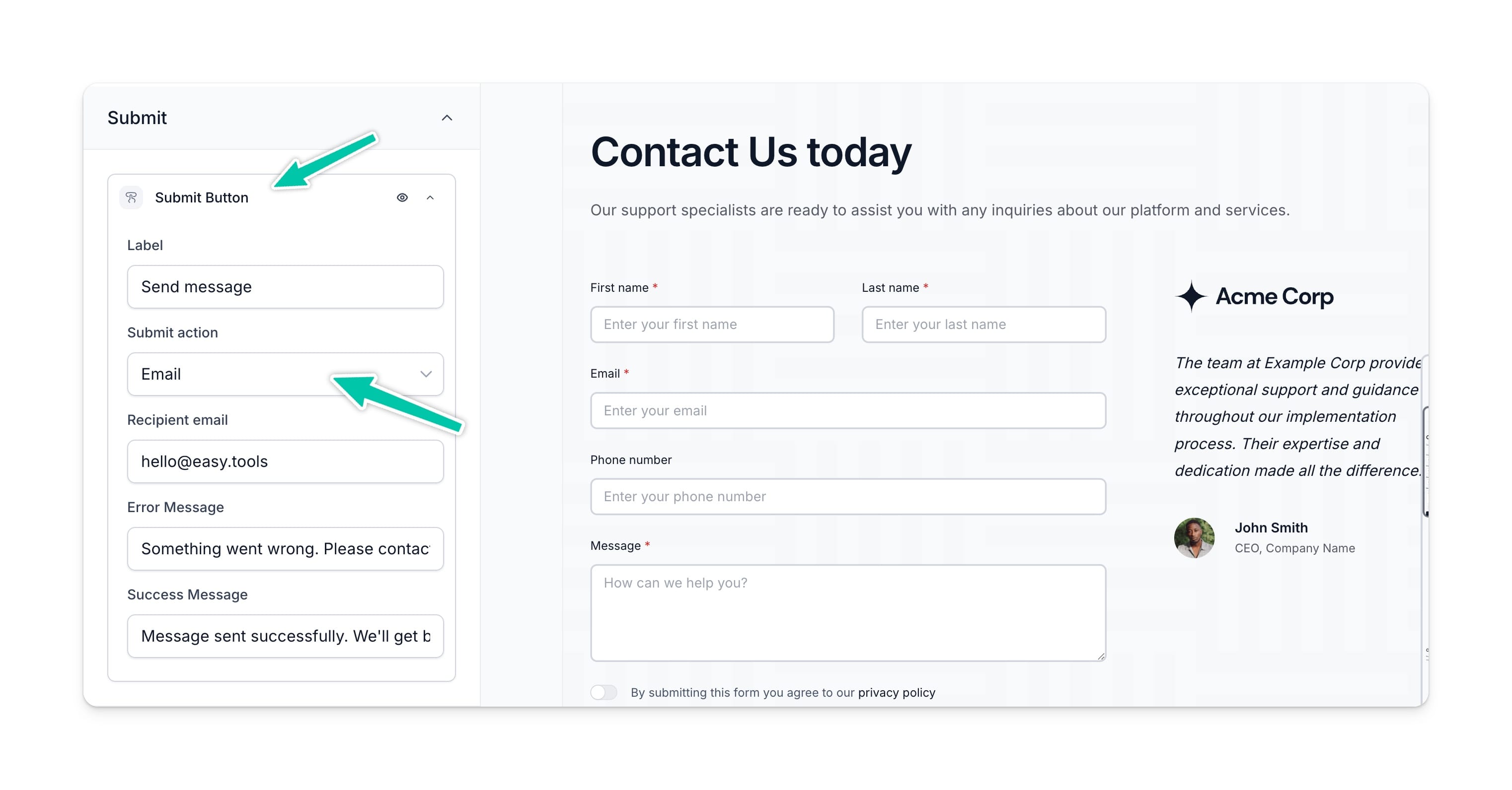 Easypage form submission notifications