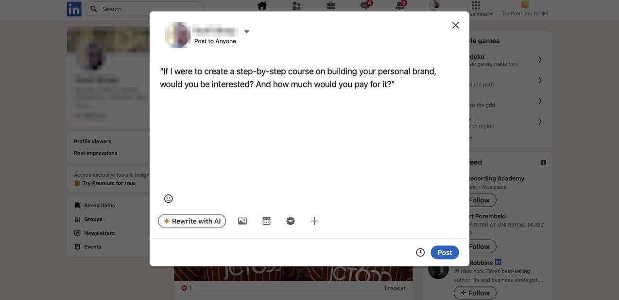 Brouillon de publication LinkedIn interrogeant les abonnés sur leur intérêt
