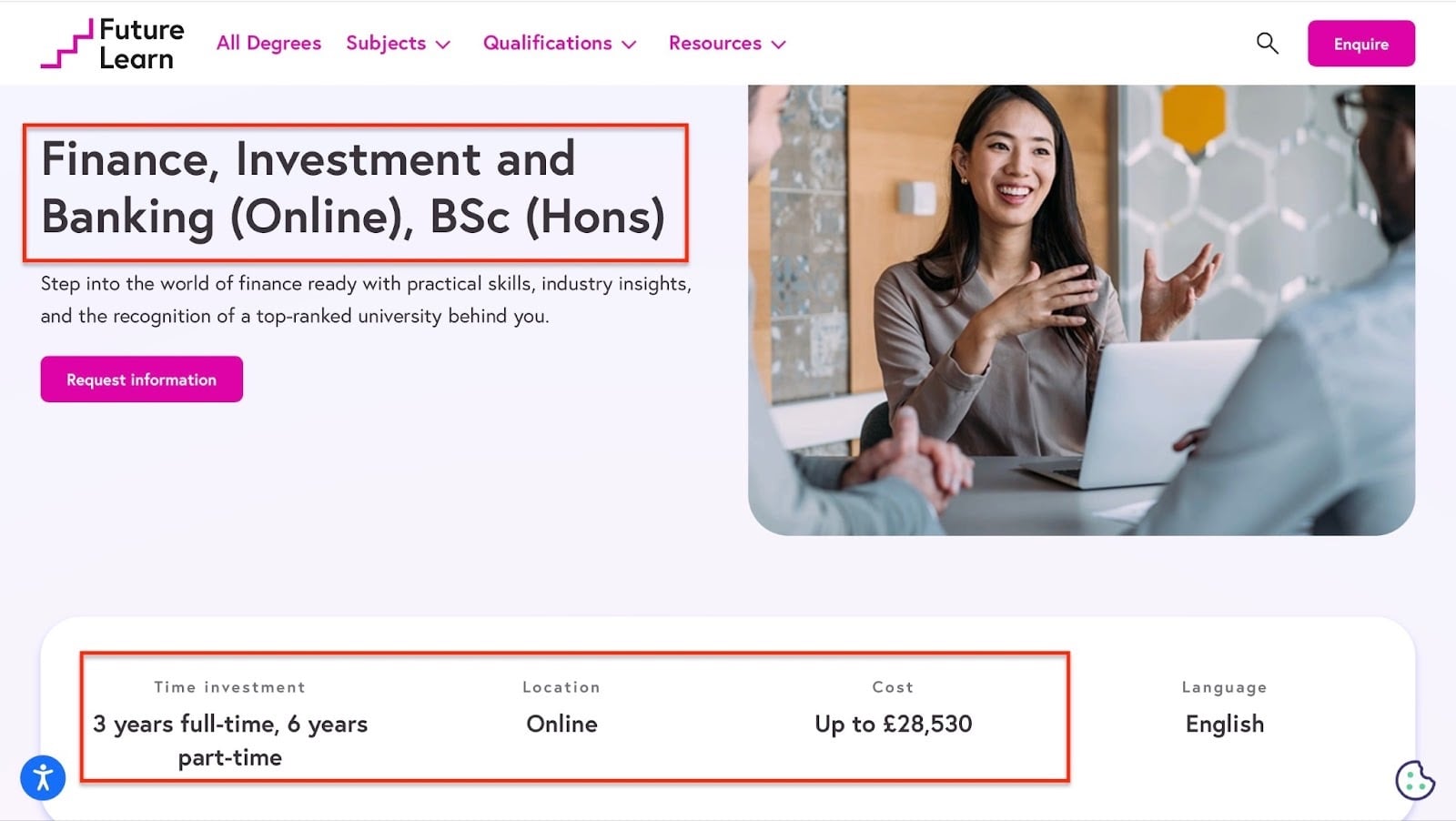 Page d'un diplôme de finance en ligne avec sa durée et son coût