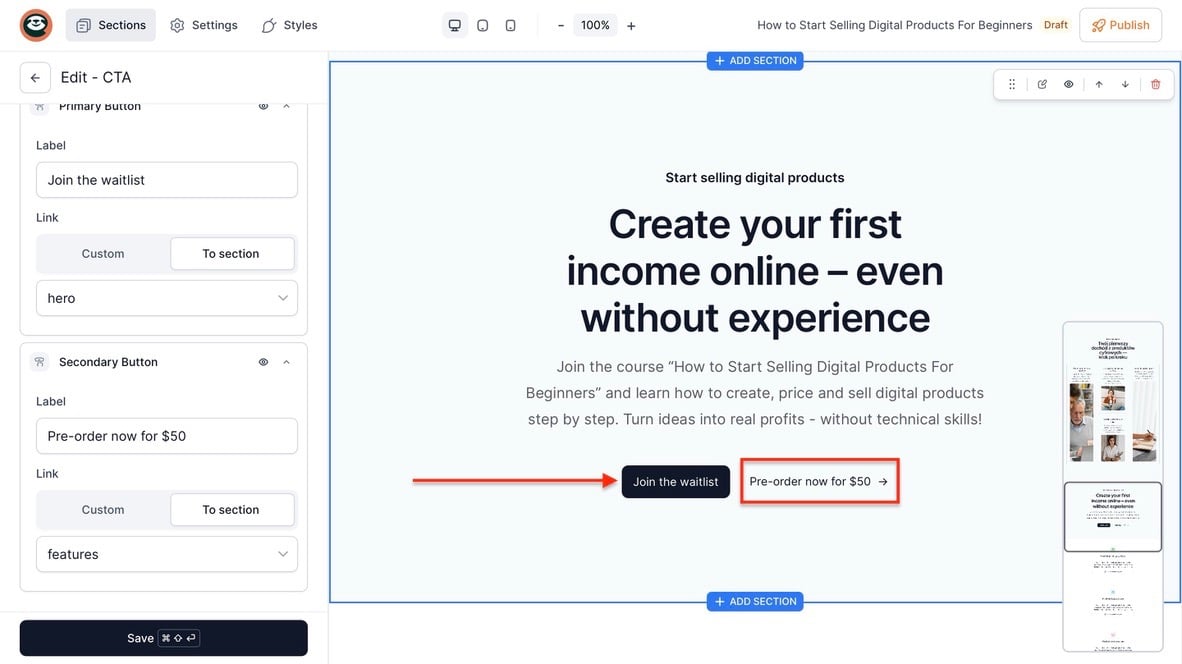 Éditeur de landing page affichant le bouton de précommande d'une formation et son prix