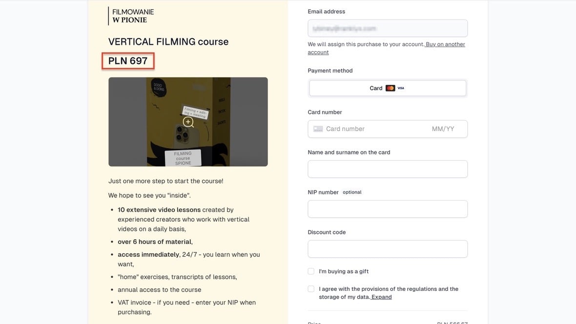 Page de paiement d'une formation au tournage vertical avec son prix