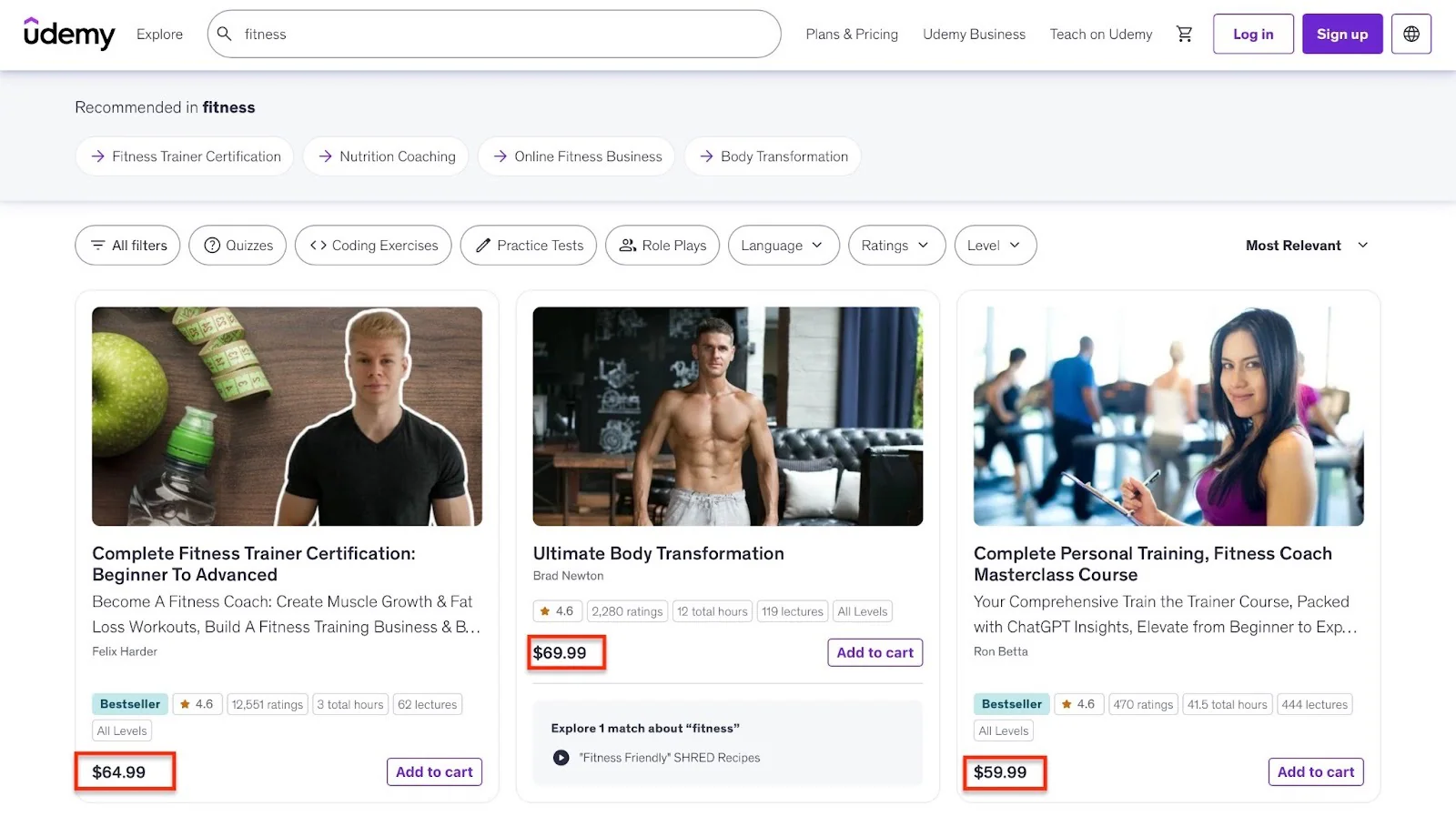 Recherche Udemy affichant trois formations de fitness avec leurs prix