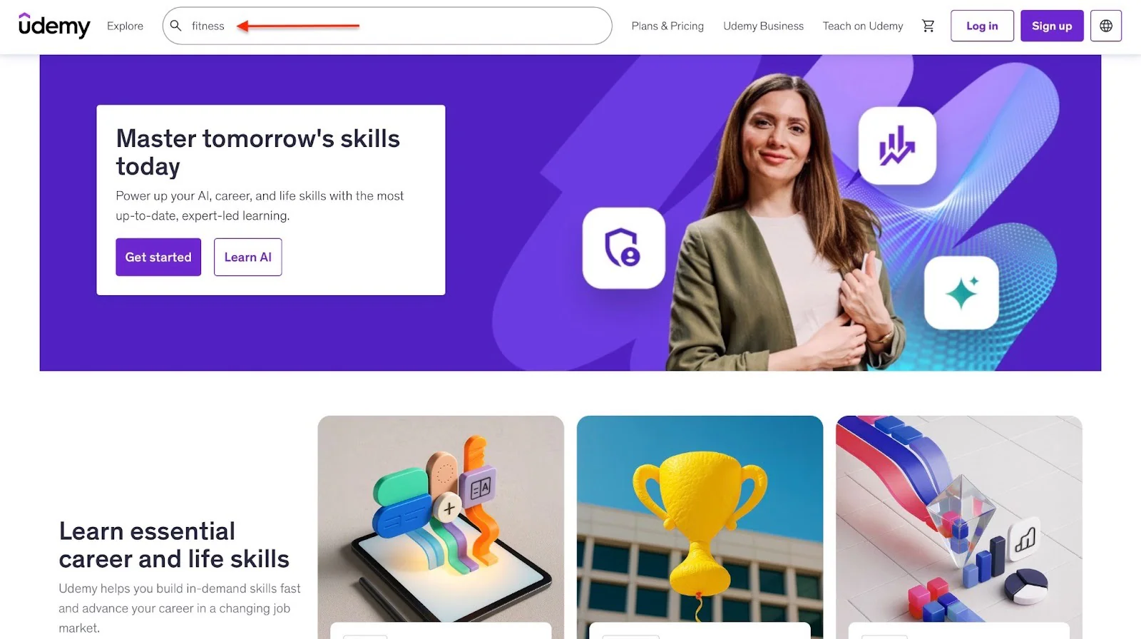 Page d'accueil de la plateforme d'apprentissage Udemy avec le mot-clé fitness