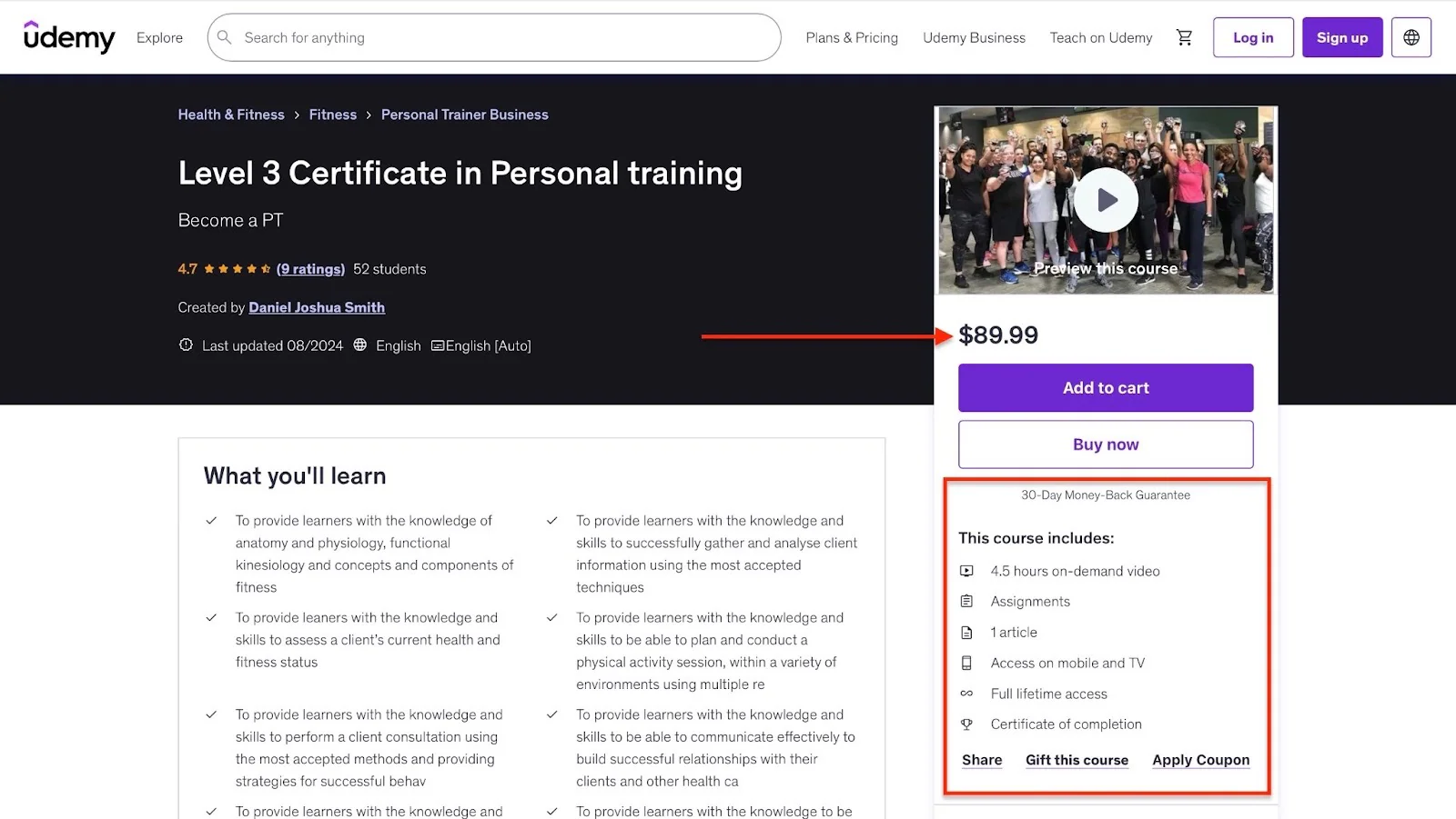 Page Udemy d'une formation certifiante de niveau 3