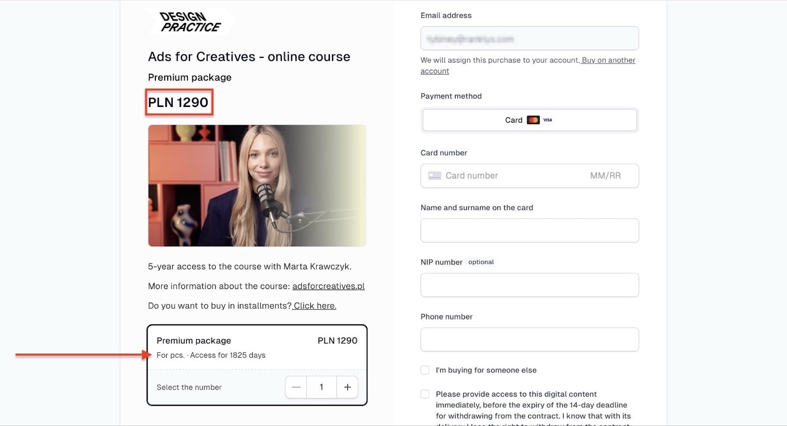 Exemple de tarification d'une formation en ligne à un prix premium en PLN