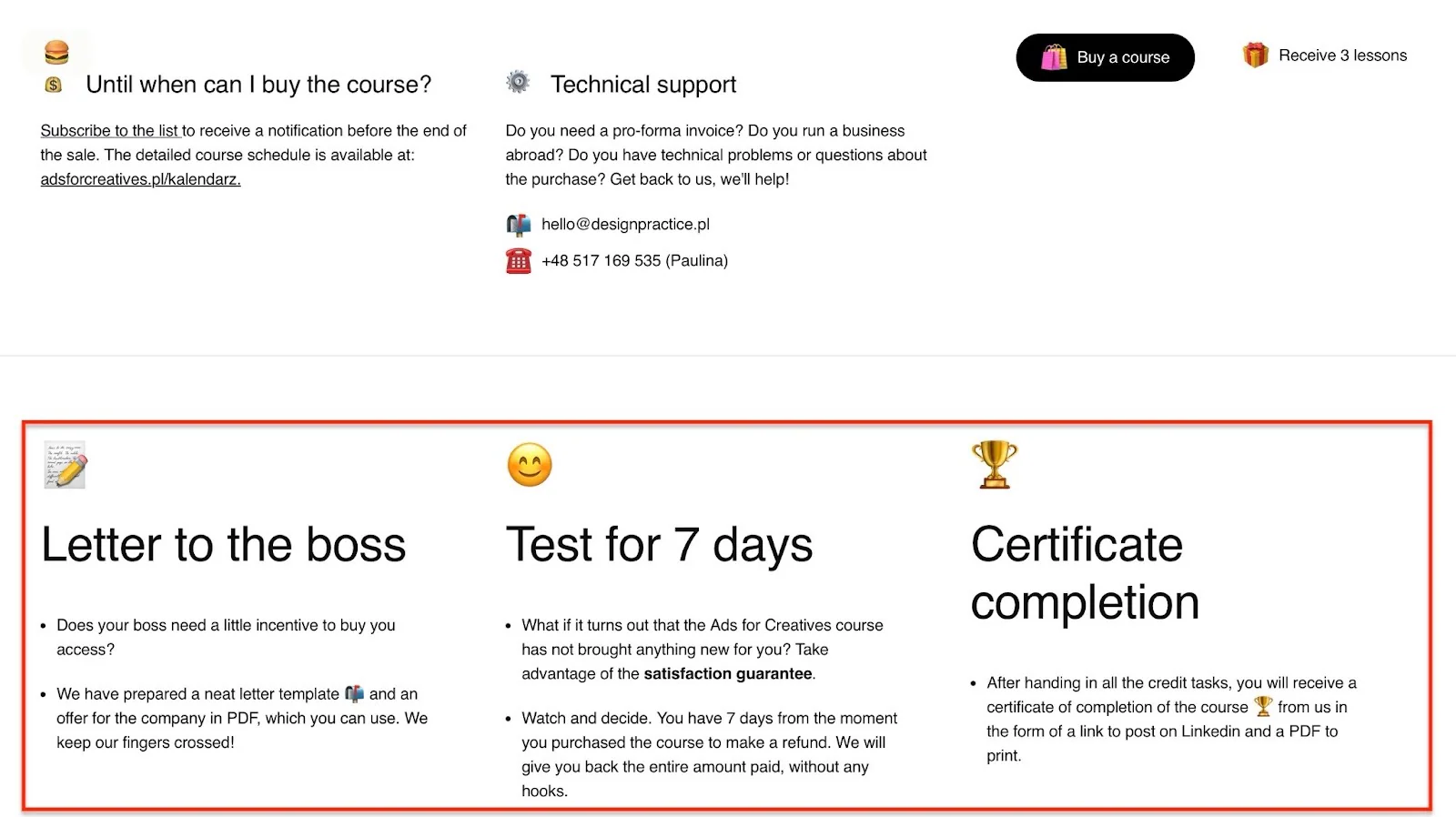 Les avantages de la formation incluent un test de remboursement et un certificat