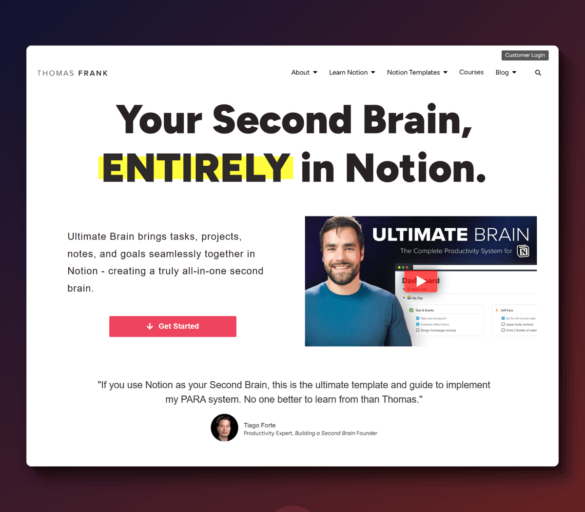Page de vente du template Notion "Ultimate Brain" de Thomas Frank