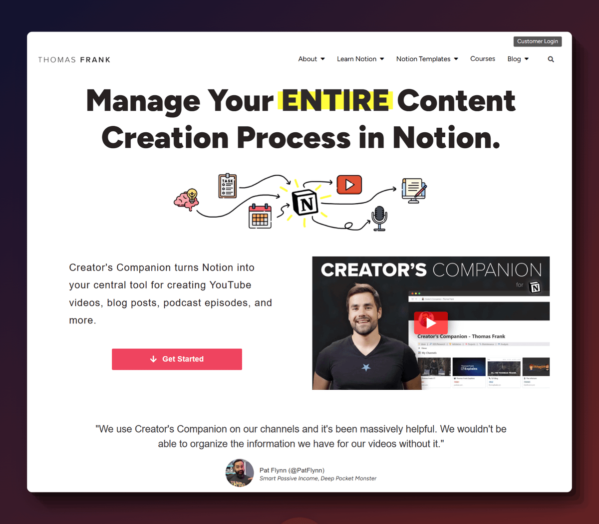 Page de vente du template Notion "Creator's Companion" de Thomas Frank