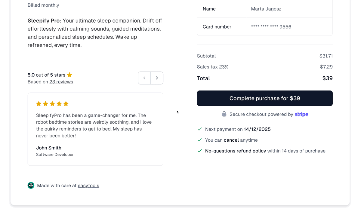 Easylove affiche automatiquement vos meilleurs avis pendant l'achat pour augmenter les conversions (moy.