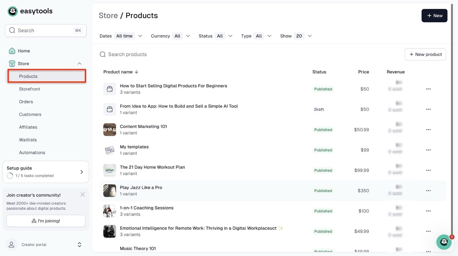 liste de produits dans le tableau de bord de la boutique